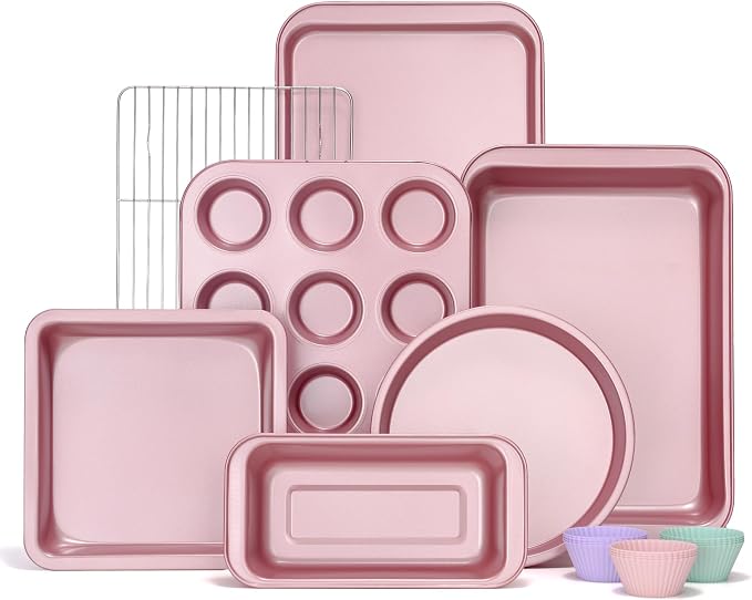 KITESSENSU Baking Pans Sets, Nonstick Bakeware Sets 19-Piece with Round/Square Cake Pan, Loaf Pan, Muffin Pan, Cookie Sheet, Roast Pan, Cooling Rack, Carbon Steel Bake Set Pink