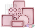 KITESSENSU Baking Pans Sets, Nonstick Bakeware Sets 19-Piece with Round/Square Cake Pan, Loaf Pan, Muffin Pan, Cookie Sheet, Roast Pan, Cooling Rack, Carbon Steel Bake Set Pink