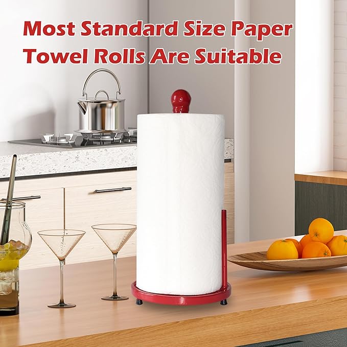 Red Cast Iron Paper Towel Holder for Kitchen Countertop - Vintage Daffodil Standing Dispenser with Heavy Weighted Base, Antique Farmhouse Decor, Fits Jumbo Rolls, One-Handed Tear