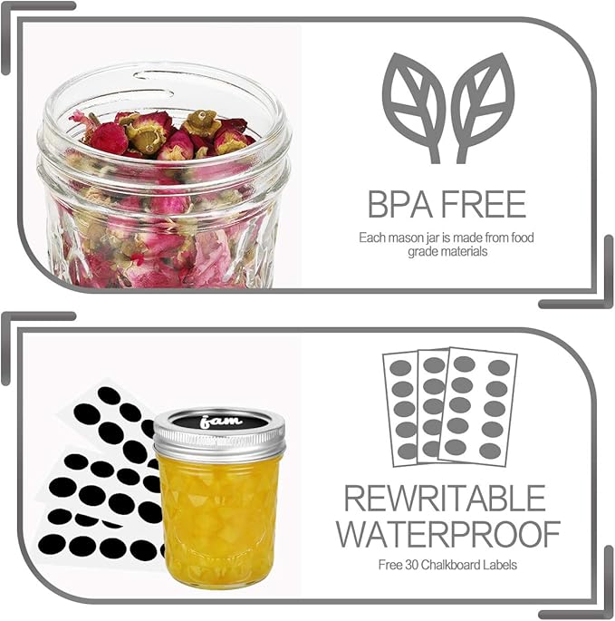 VERONES Mason Jars 6 OZ, 30 PACK 6oz Mason jars Canning Jars Jelly Jars With Lids, Ideal for Jam, Honey, Wedding Favors, Shower Favors