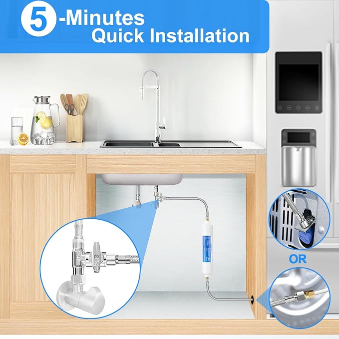 HAOCHEN Stainless Steel & PEX 20FT & 30FT Refrigerator Water Line Kit (2Pcs) with Tee Stop Valve, Silver, 1/4" Fittings, Ice Maker & Refrigerator Compatible