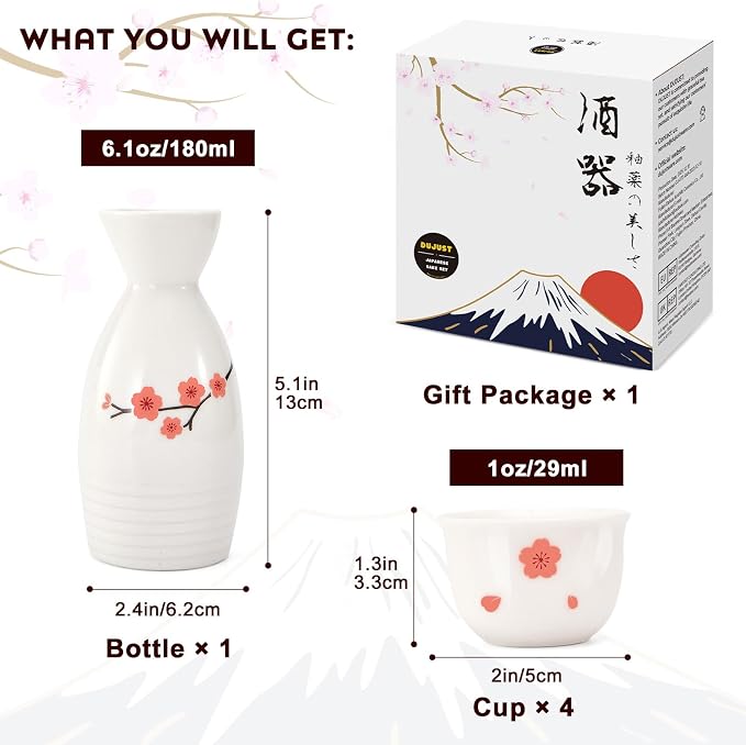 DUJUST 5 pcs Japanese Sake Set, Traditional Sakura Design Sake Serving Set, 1 Sake Bottle with 4 Sake Cups, Japanese Style Sake Set for Home/Party, Ideal Japanese Gifts for Sake Lovers - White
