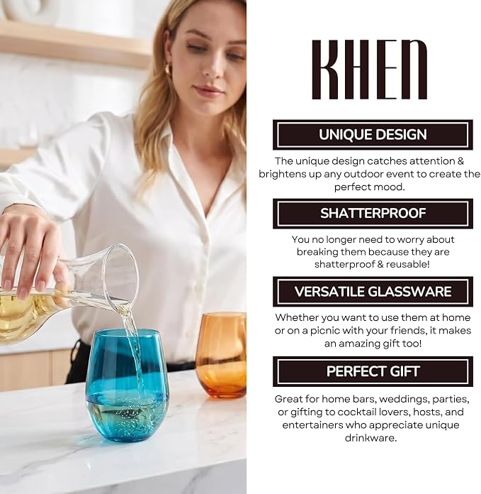 Khen European Style Shatterproof Tritan Stemless Wine Glasses, Acrylic Glass Drinkware, Unbreakable Colored, 6 - Set - BPA-free plastic, Reusable, Dishwasher Safe, All Purpose Glassware 15oz - (Muted)
