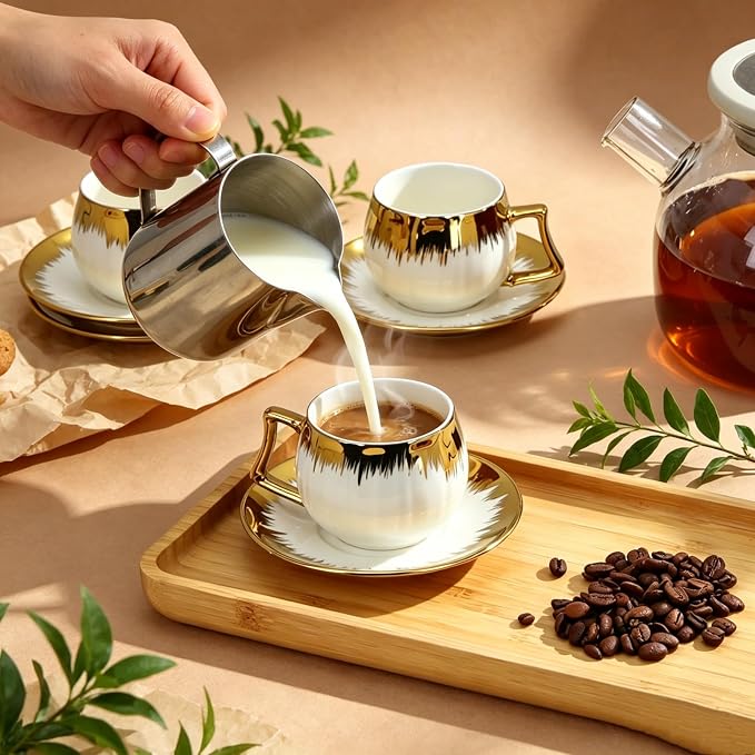 3.5 OZ Espresso Cups with Saucers, Ceramic Coffee Cup Set of 6, Turkish Coffee Cup Set, Coffee Cup Gift for Latte, Double Shot, Cafe Mocha and Tea, Dishwasher & Microwave Safe (Gold Trim-03)