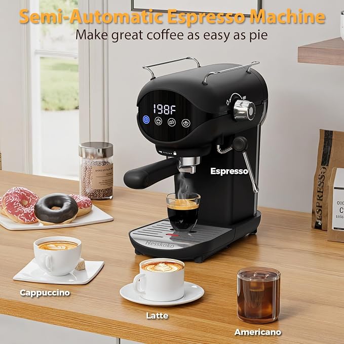 Espresso Machine with Steam Milk Frother Semi Automatic 20 Bar Compact Black with Touch Screen for home Cafetera Espresso, Latte, Cappuccino, Americano, Macchiato