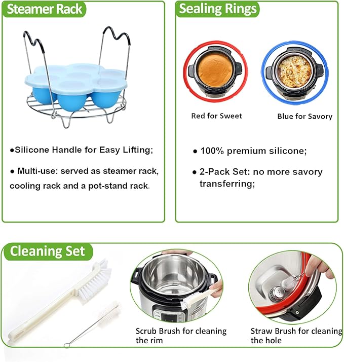 8 Quart Pressure Cooker Accessories Compatible with Instant Pot 8 Qt Only - Steamer Basket, Silicone Sealing Rings, Egg Bites Mold, Glass Lid, Springform Pan, Egg Steamer Rack and More