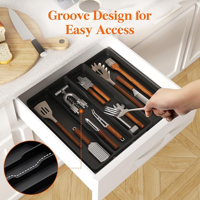 Lifewit Silverware and Cooking Utensil Drawer Organizer Set – Expandable Adjustable Plastic Storage for Cutlery, Flatware, Spoons, Forks, Knives, and Kitchen Tools, BPA-Free, Black