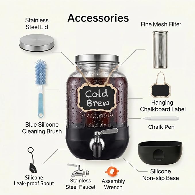 Cold Brew Coffee Maker With, Cold Brew Pitcher,1 Gallon Glass Pitcher With Stainless Steel Filter,304 Stainless Steel Leak-Proof Spigot,100% Leakproof,Large Iced Coffee Maker for Home, Easy to Use