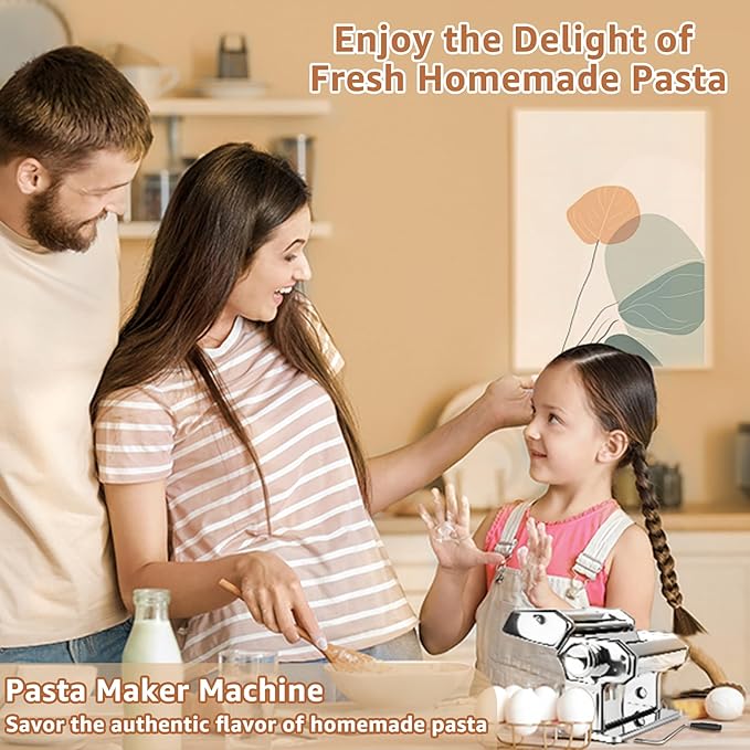 Pasta Maker - 7 Thickness Settings Pasta Roller & 2-in-1 Cutter, Stainless Steel Pasta Machine for Spaghetti, Fettuccine, Ravioli, Lasagna - Includes Hand Crank & Table Clamp