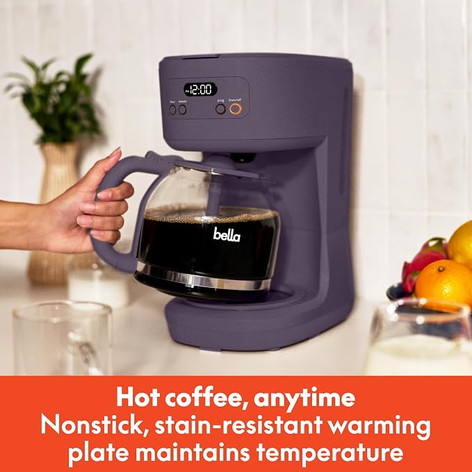 bella 12 Cup Programmable Coffee Maker, Reusable Dishwasher Safe Accessories, Easy LCD display, Auto Shutoff, 900 watt, Plum