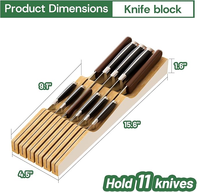 Knife Drawer Organizer Insert, Bamboo Wood Knife Holder, Knife Block Holds Up To 11 Knives