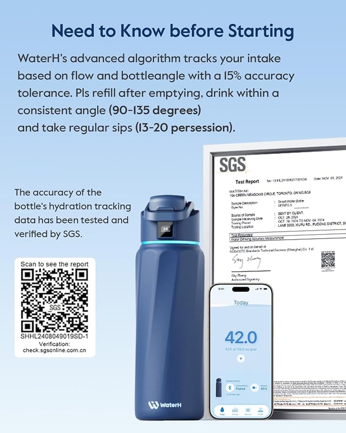 WaterH BOOST Smart Water Bottle with Reminder & Tracker, Double Wall Vacuum Insulated Bottles Stainless Steel, 32oz BPA-Free Wide Mouth for School, Gym, Office, Ideal for Father's Day