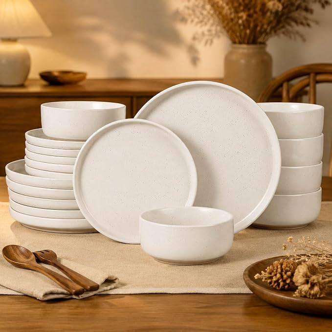 HaWare Stoneware Dinnerware Sets, 18-Piece Plates and Bowls Set for 6, Dishes Set for Home Restaurant, Speckled Milky White