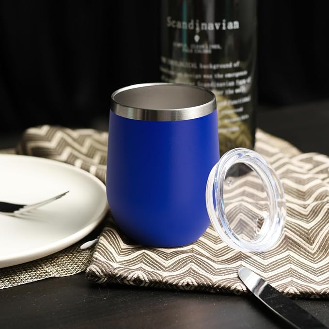 DOMICARE Stainless Steel Wine Tumbler Bulk with Lid, Personalized Insulated Tumblers Set, 12oz Travel Coffee Cups Pack of 12, Dark Blue