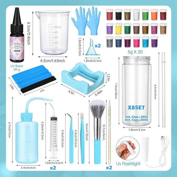 Meanplan 8 Pack DIY Plastic Snow Globe Tumbler Supply Kit 16oz Pre Drilled Double Wall Cup 20 Colors Glitter Squeeze Bottle Funnel Tweezer Syringe Cradle Measuring Cup Flashlight Buffer Glove (Blue)