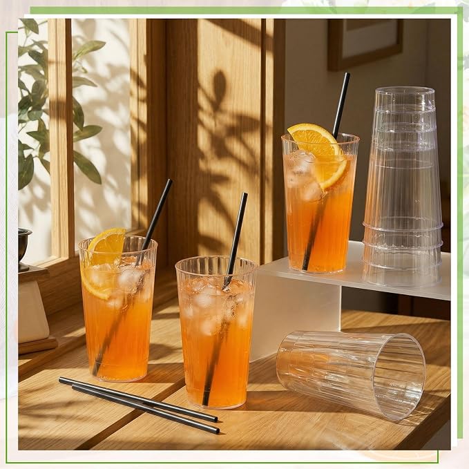 Plastic Highball Glasses with Straws(set of 48), 16 oz Shatterproof Drinking Cups, Tall Whiskey Collins Ribbed Cup, Smoothie Tumbler Mojito Cocktail Cup for Wedding Spring Summer Party