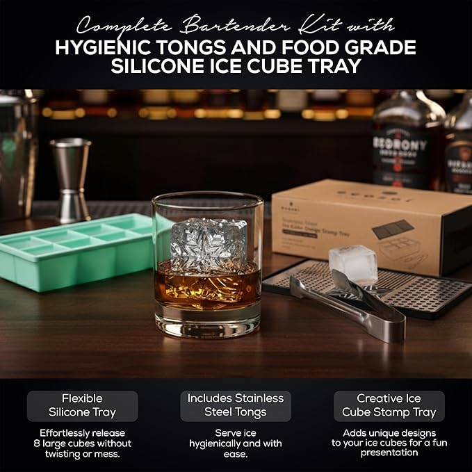 Ecozoi Stainless Steel Ice Cube Tray Design Set – Stainless Steel Ice Stamp with Silicone Drip Mat, Large Cube Tray & Tongs – Designer Stamps for Cocktails Slow-Melting Cubes