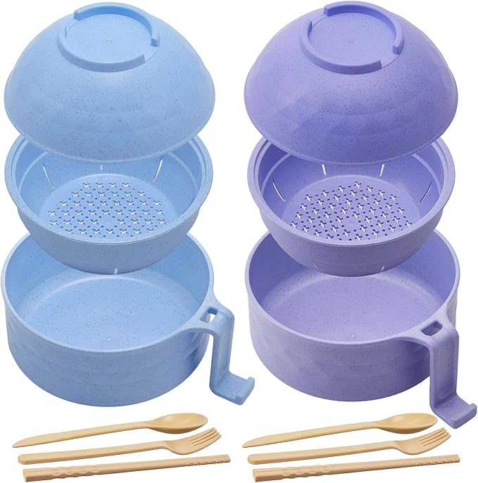 2 Sets Microwave Ramen Bowl 40 oz Wheat Fiber Portable Instant Noodle Cooker Bowl with Handles Strainer Spoon Chopstick Fork College Dorm Room Apartment Essentials(Purple, Light Blue)