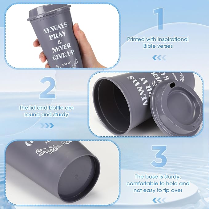 Skylety 20 Pack Bulk Christian Gifts for Men Women 16oz Reusable Bible Verse Tumbler Plastic Coffee Cup with Lid Inspirational Religious Church Gift for Teacher Graduation Party Favor (Gray)