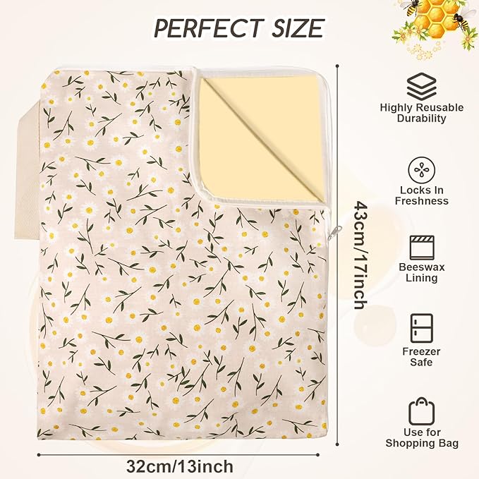 Wide Zipper Beeswax Bread Bags for Homemade Bread, 2 Pack Sourdough Bread Bags for Storage XL 17x13 Inch, Cotton Large Reusable Bread Bag - Keep Fresh, Freezer Safe