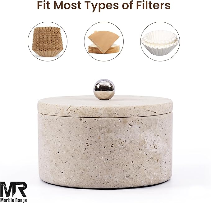 Marble Coffee Filter Holder – 6 inch Handmade Travertine Coffee Filter Holder with Lid, Storage Organizer for Kitchen Countertop & Bar Decor