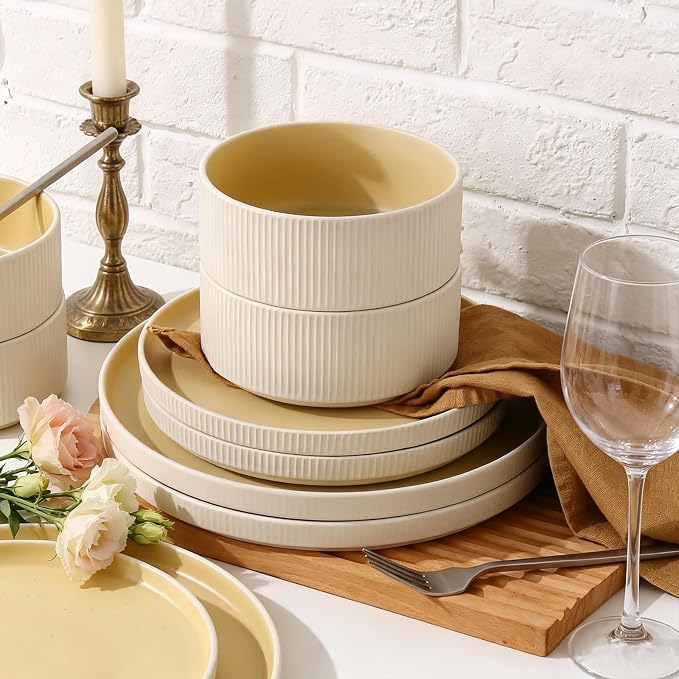 MONITO Ceramic Dinnerware Sets for 6, 18PCS Stoneware Plates and Bowls Sets, Reactive Glaze Dish Set, Chip and Scratch Resistant Double, Microwave and Dishwasher Safe, White Orange