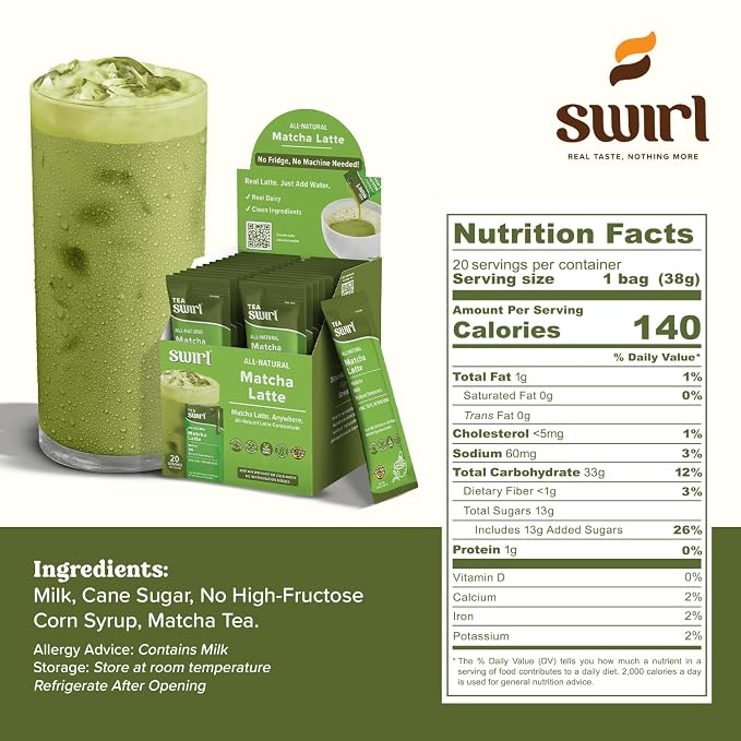 Swirl - Matcha Latte - Smooth, Creamy Japanese Green Tea Milk Blend, Single Serve, Travel Ready, No Refrigeration Required - 38g per pack 20 packets