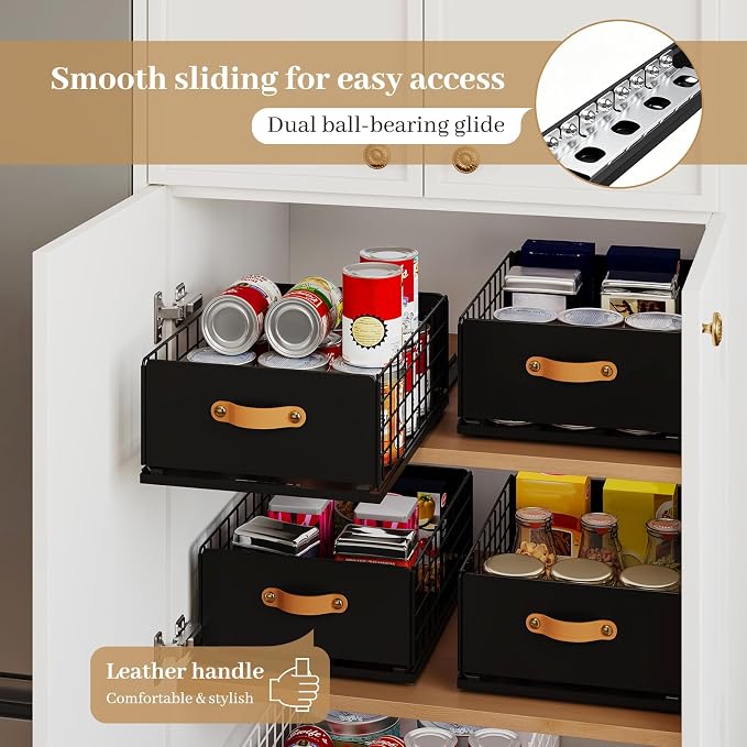 Pull Out Cabinet Organizer, No-Drill Pantry Drawers, Slide Out Shelves with Bamboo Risers for Lipped Cabinets,Ideal for Kitchen, Bathroom & Under Sink Storage (Black, 11.8" Wide-15.7" Deep)
