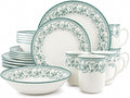 Tudor Royal 24-Piece Round Dinnerware Set, Service for 6, Aster Green Design, Red Floral, Plates Bowls Mugs Dishes, High Gloss Premium Quality