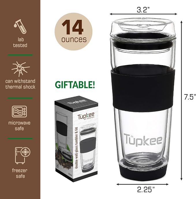 Double Wall Glass Tumbler - 14-Ounce, All Glass Reusable Insulated Tea/Coffee Mug & Lid, Hand Blown Travel Mug - Black