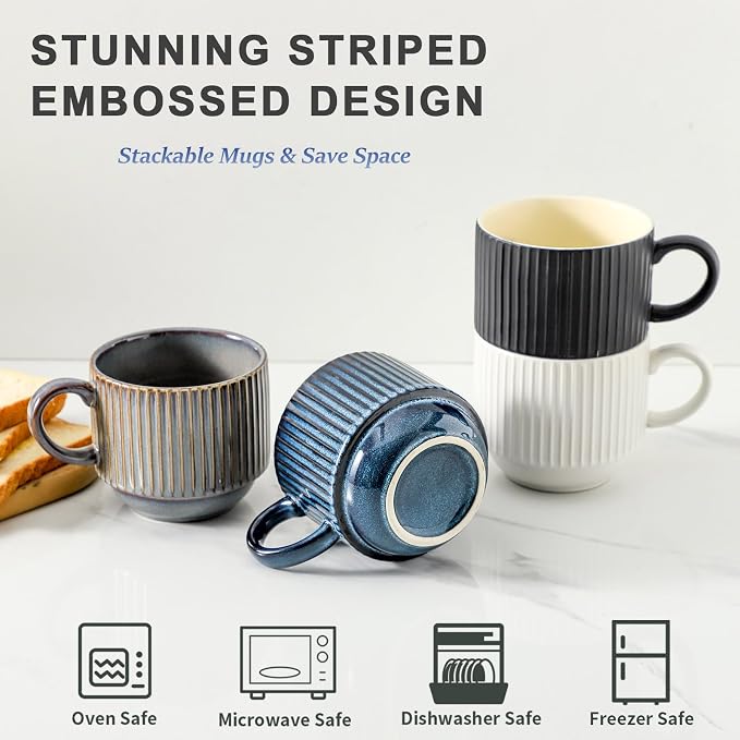 Hasense Coffee Mug Set of 4 with Holder - 15 oz Stackable Large Ceramic Ribbed Latte Cup Set for Cappuccino, Tea, Hot Cocoa, Drinks - Dishwasher & Microwave Safe Multi color