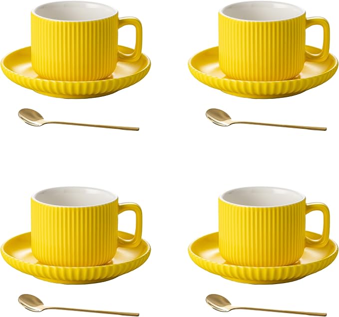5 Ounce Espresso Cups Set of 4, Small Coffee Cups with Saucers and Spoons, Yellow Ceramic Demitasse Espresso Mugs