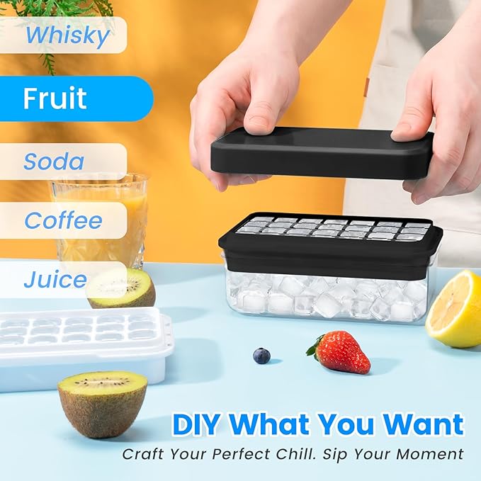 Ice Cube Tray with Lid and Bin, PHINOX 56 pcs Ice Trays for Freezer, Ice Cube Trays for Freezer with 2 trays, Container, Lid & Ice Scoop, BPA Free, Black