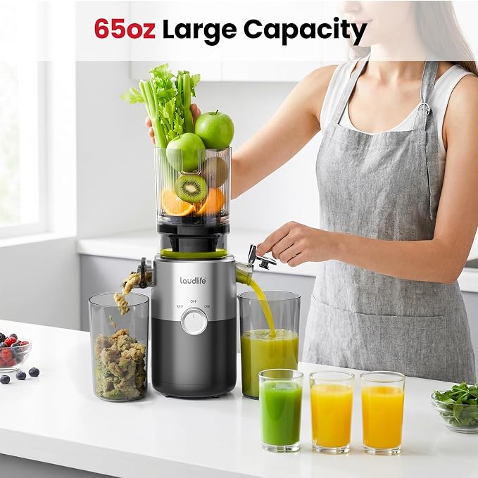 LAUDLIFE Cold Press Juicer Machines, 5.4" Wide Chute Slow Masticating Juicer, 35db Quiet Operation, Easy to Clean, Kale/Spinach Friendly, BPA Free, Juicer Extractor for Whole Fruits & Vegetables
