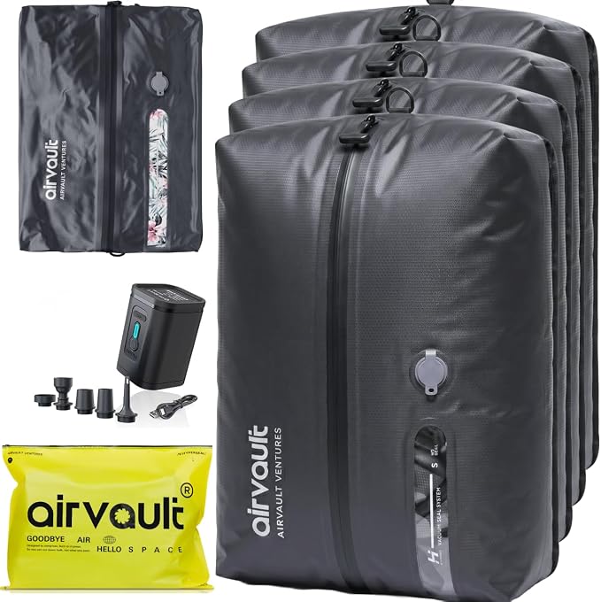 AirVault Reusable Vacuum Compression Travel Bag for Carry-On Suitcase and Backpack, Recycled IPX8 Waterproof Space Saver Vacpack (18L (4-Pack))
