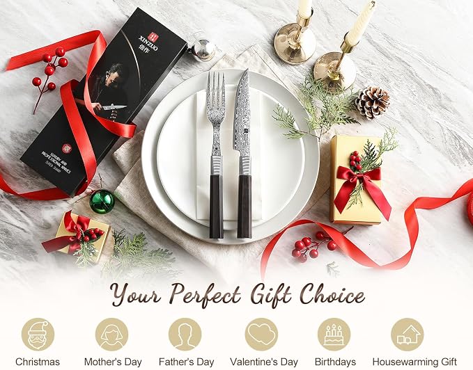 XINZUO Damascus Steel Non Serrated Steak Knife And Fork Set Of 2,67-Layer Damascus Steel Table Fork And Knife With Ebony Handle,Includes 5 Inch Steak Knife And Fork