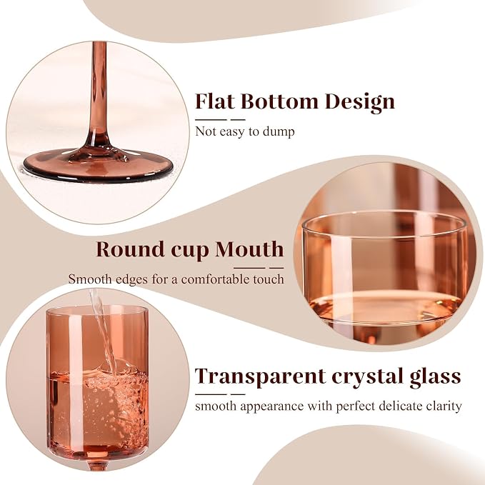 Brown Colored Square Wine Glasses Set of 6, 14oz【Hand Blown】 Amber Crystal Venus Wine Glasses with Long Stem - Melanin Wine Glasse Gifts for Christmas Home Dinner Party
