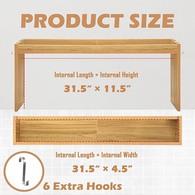 Over The Stove Shelf, Wood Stove Top Shelf,31.5" Stove Top Organizer Shelves with 6 Hooks,11.5" Height Over Stove Spice Rack for Kitchen, Oak