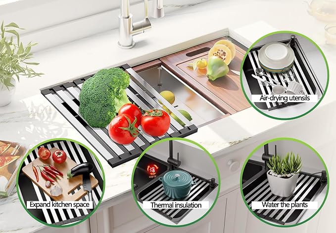 Over the Sink Kitchen Dish Drying Rack Organizer - Stainless Steel Collapsible Non-Slip Space-Saving [16.54 * 12.8IN] - Rust-Resistant Heat-Resistant Sturdy - Easy to Clean