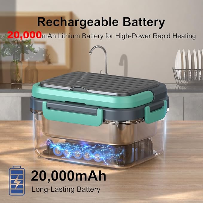 Cordless Electric Heated Lunch Box, 1.5L - 6.3 Cups 100W Rechargeable Smart Self-Heating Food Warmer with Removable Divider, Spoon, Fork, BPA Free, Portable Lunchbox for Car Travel Office Lake Green