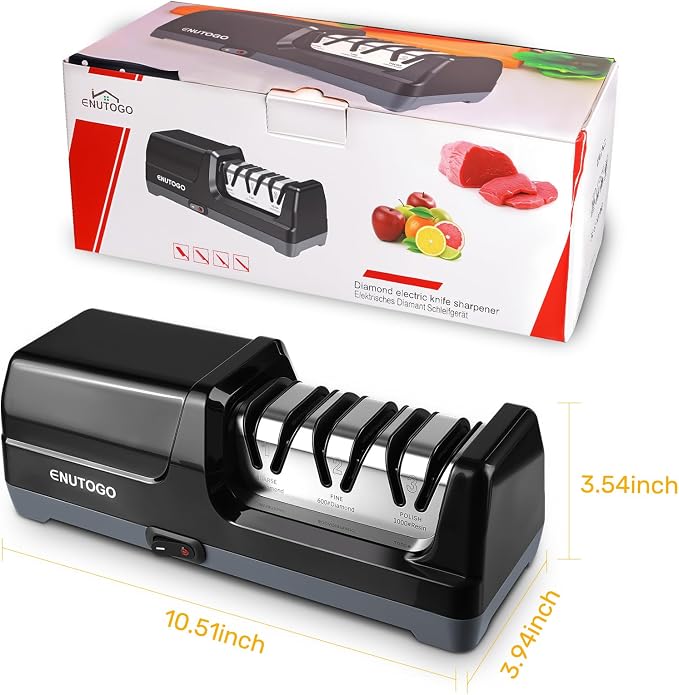 Enutogo Knife Sharpener, 3-Stage Electric Knife Sharpener for Kitchen Knives, 100% Diamond Abrasive with Quick Sharpening & Polishing, Professional Sharpening Tool with Metal Dust Collection Box