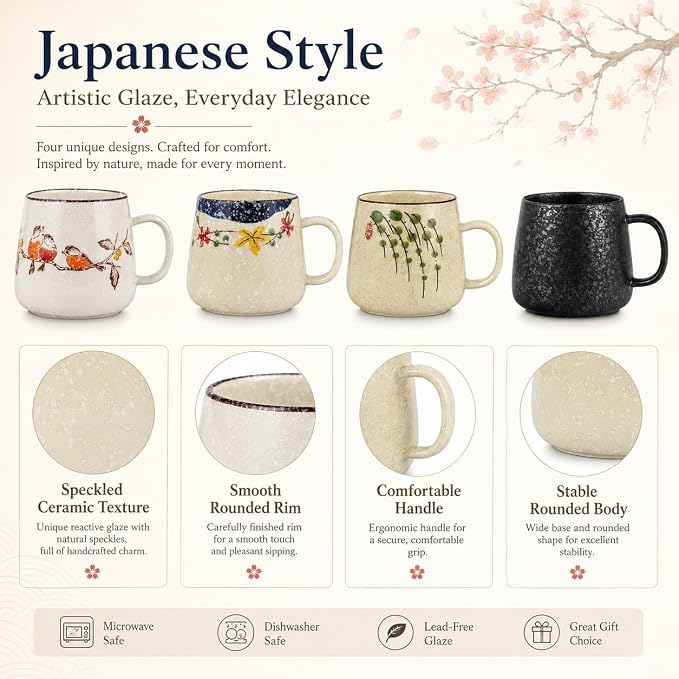 clothmile 2.8 inch 4 Pieces Japanese Retro Ceramics Mug Asian Chinese Coffee Cups Set for Restaurant, Diner, Farmhouse, Coffee Shop, Home