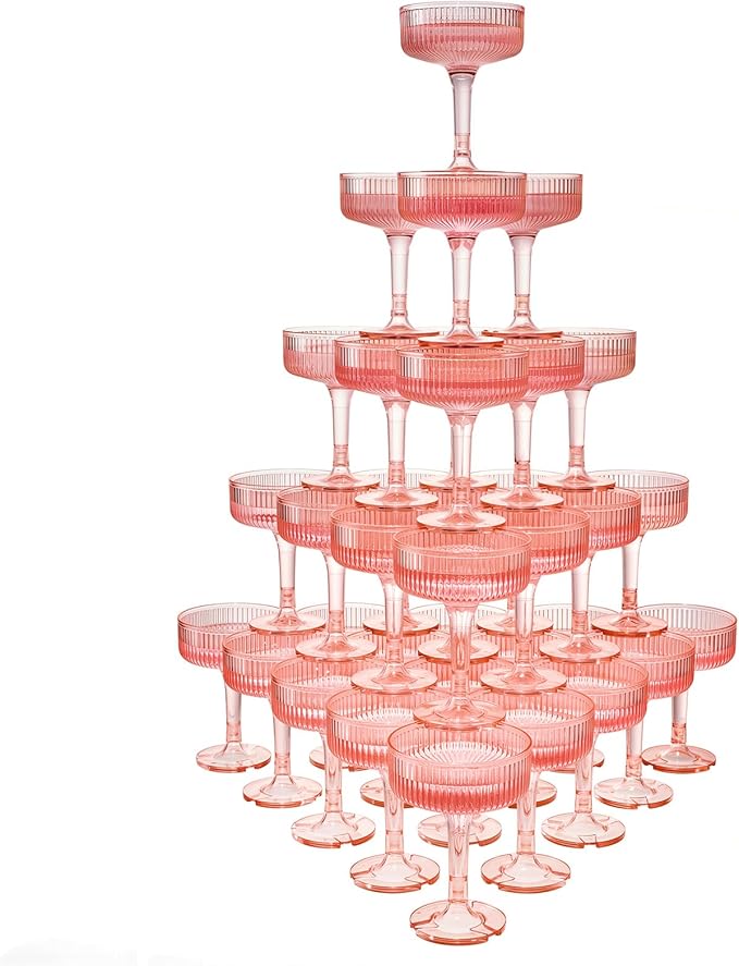 Goodluck 5-Tier Champagne Glasses - 35 PCS 7oz Pink Plastic Champagne Flutes, Plastic Coupe Glasses with Vertical Stripes for Weddings, Celebrations, Parties & Birthdays