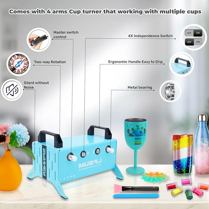LFSUM 4 Arm Cup Turner for Crafts Tumbler,Multi Tumbler Spinner Machine Kit,Tumbler Turner DIY Glitter Epoxy Resin Tumblers (4X-Cup-Blue)
