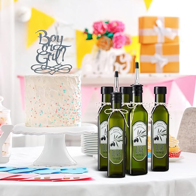 Honeydak 12 Sets 8 oz Glass Olive Oil Bottles Mini Empty Sauce Condiment Bottles with Pourers Sticker Glass Olive Oil Dispenser Vinegar Dispenser for Storing Wedding Baby Shower Gifts