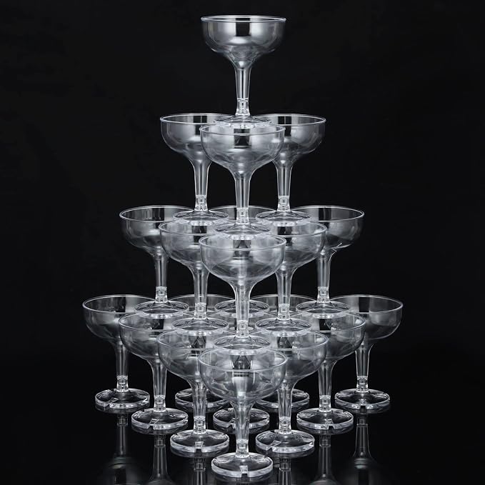 Potchen 100 Pcs Plastic Champagne Party Glasses 5 oz Clear Disposable Champagne Glasses Stackable Acrylic Martini Flutes Unbreakable Margarita Coupe for Wedding Birthday Party Bar(Classic)