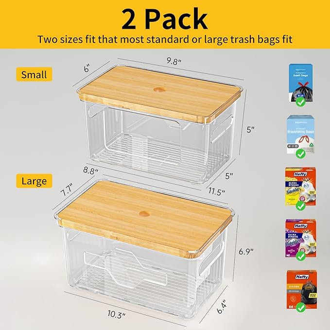 FELIZHOUSE 2 Pack Trash Bag Holder with Bamboo Lid, Stackable Garbage Bag Dispenser Under Sink , Storage Organizer for Kitchen, Laundry, Pantry