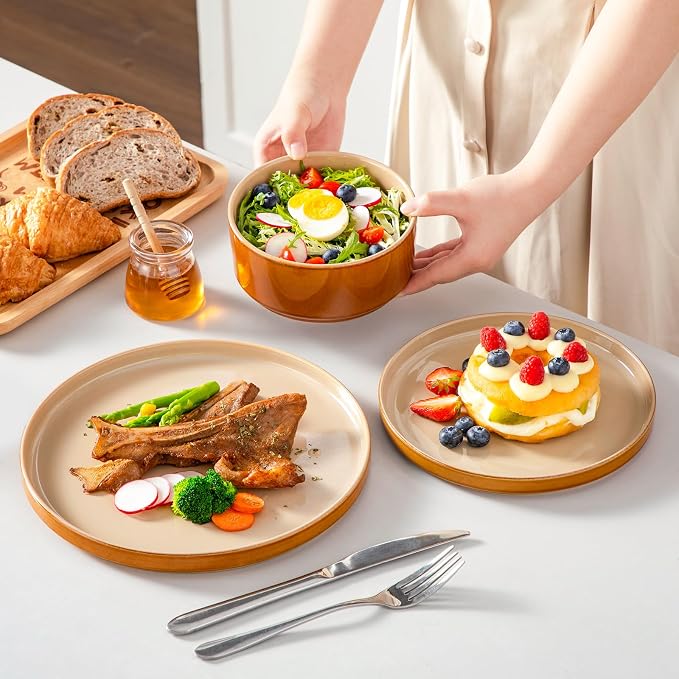 vancasso ONION Ceramic Plates and Bowls Sets, 12 Pieces Brown Dinnerware Sets for Kitchen, Reactive Glaze Dishes Set for 4, Dishwasher and Microwave Safe