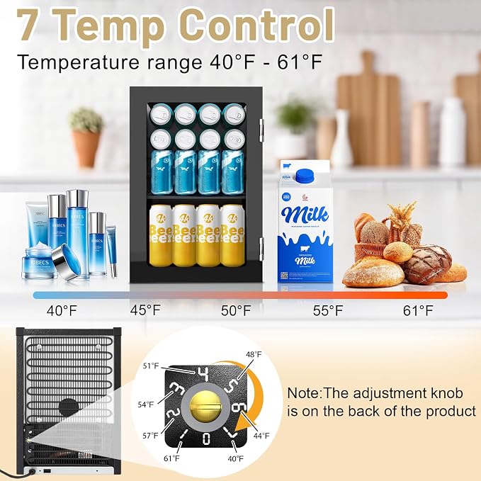 24Can/0.9Cu.Ft Mini Fridge with Mirror, Compact Small refrigerator with 7 Temp Control, Removable Shelf, Personal Cooler for Bedroom, Dorm, Office and Beverage Beauty Storage