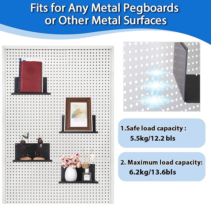 Kokone Magnetic Pegboard Shelves 6 Pack Small Pegboard Shelf for Garage Sturdy Steel Pegboard Accessories for Storing or Displaying Versatile Peg Board Shelf for Workbench,Craft Room,Home,Black